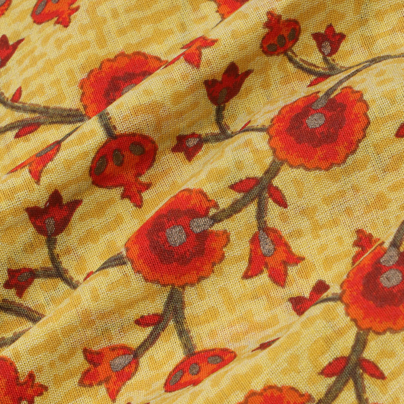 Yellow Color Cotton Fabric With Floral Printed Pattern