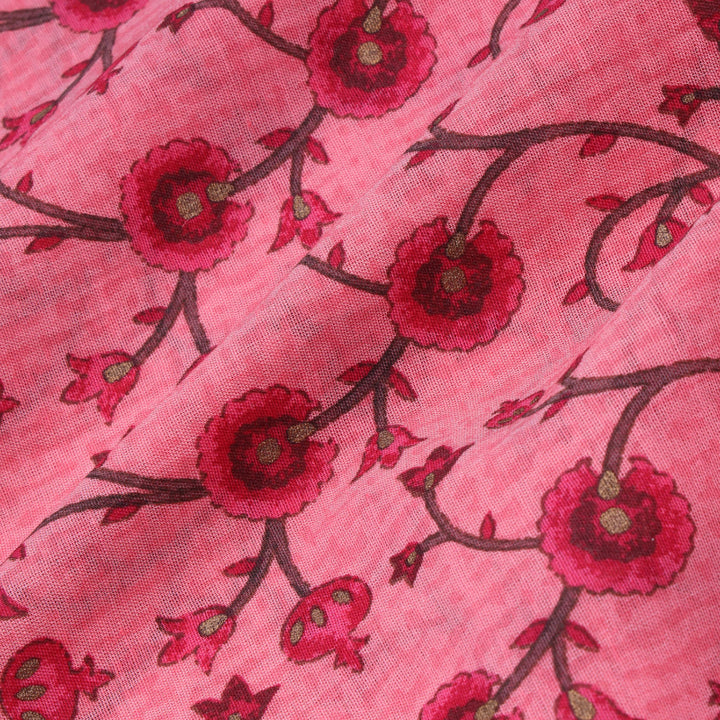 Bubblegum Pink Color Cotton Fabric With Floral Printed Pattern
