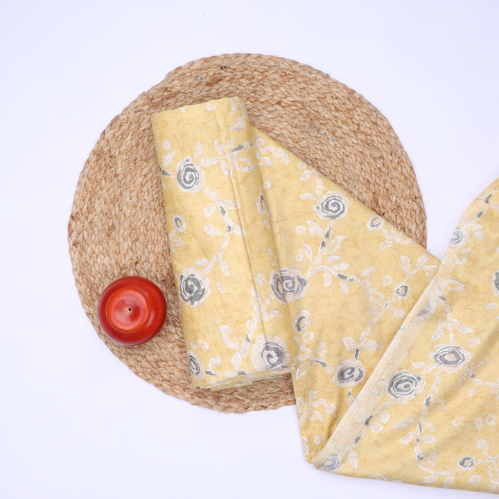 Banana Yellow Color Cotton Fabric With Floral Printed Pattern