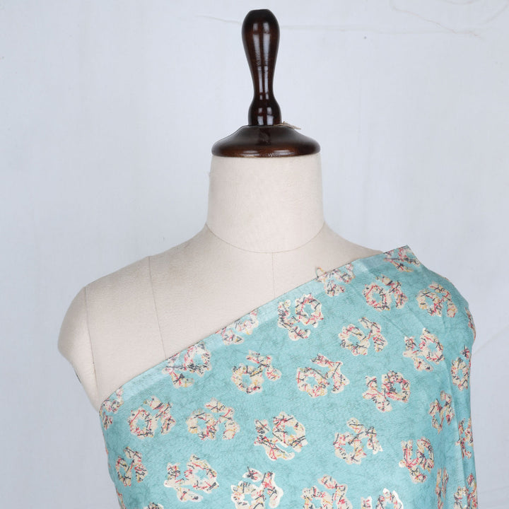 Sky Blue Color Cotton Fabric With Floral Printed Buttas