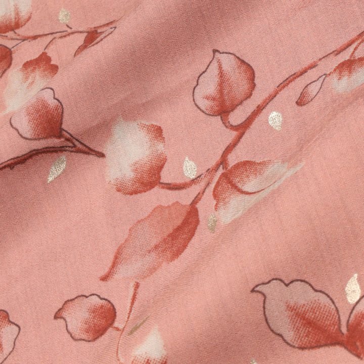 Rose Pink Color Cotton Fabric With Printed Leaf Pattern