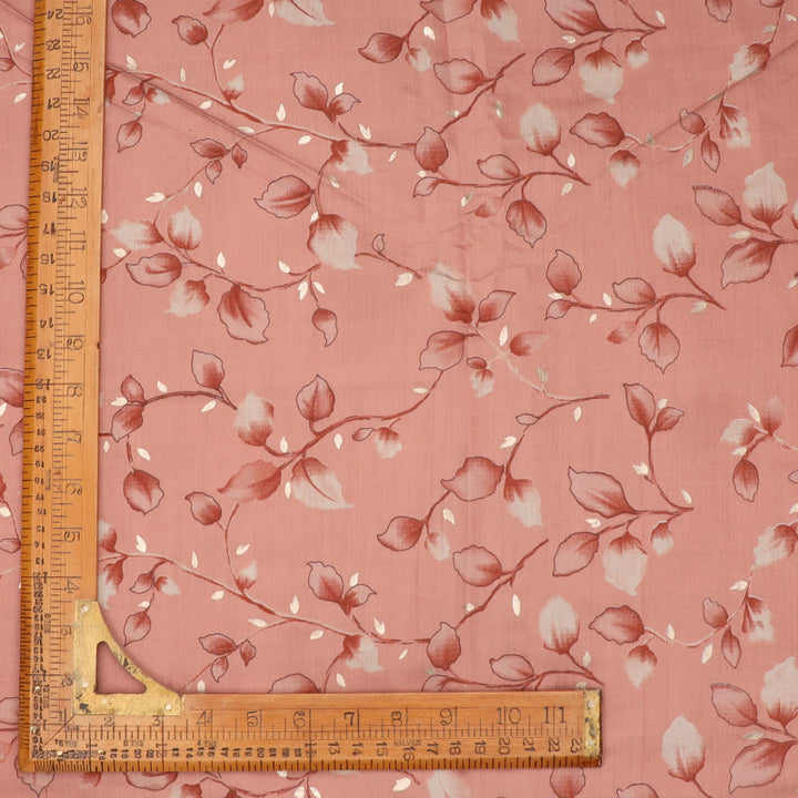 Rose Pink Color Cotton Fabric With Printed Leaf Pattern