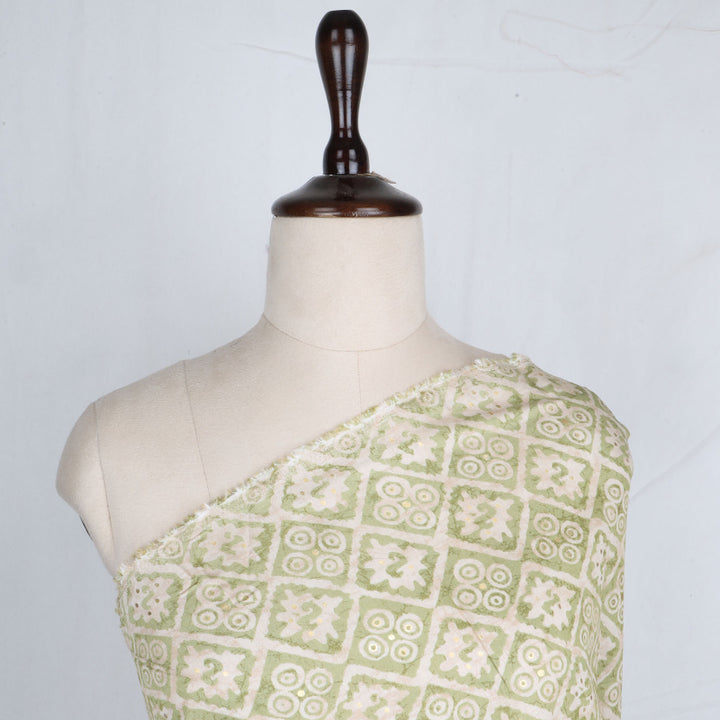 Pista Green Color Cotton Fabric With Floral Geometric Printed Pattern