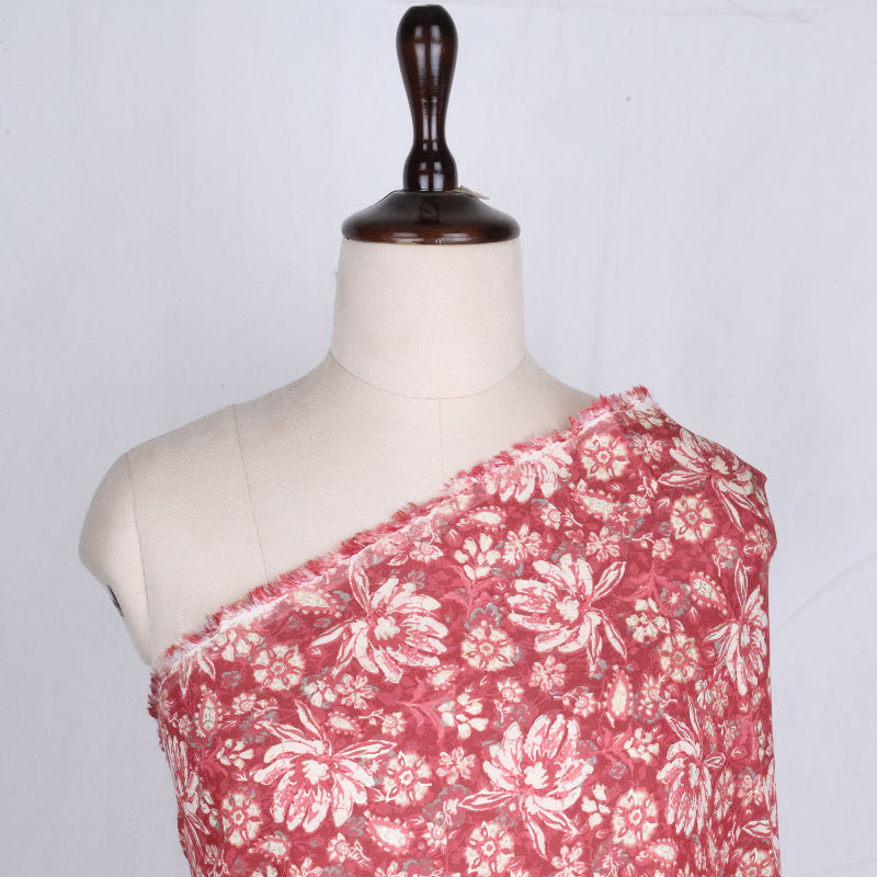 Indian Red Color Cotton Fabric With Floral Printed Pattern