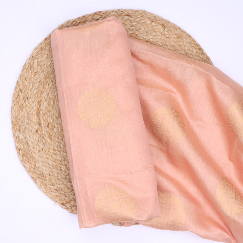Pastel Peach Colour Cotton Fabric With Floral Buttas