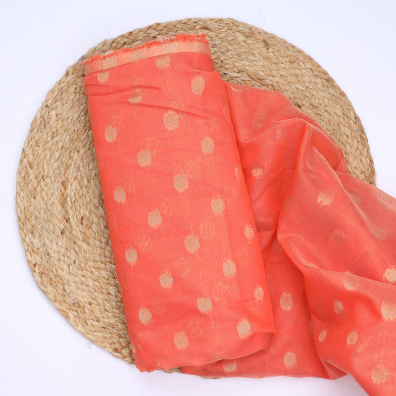 Tomato Orange Colour Cotton Fabric With Small Zari Butiis