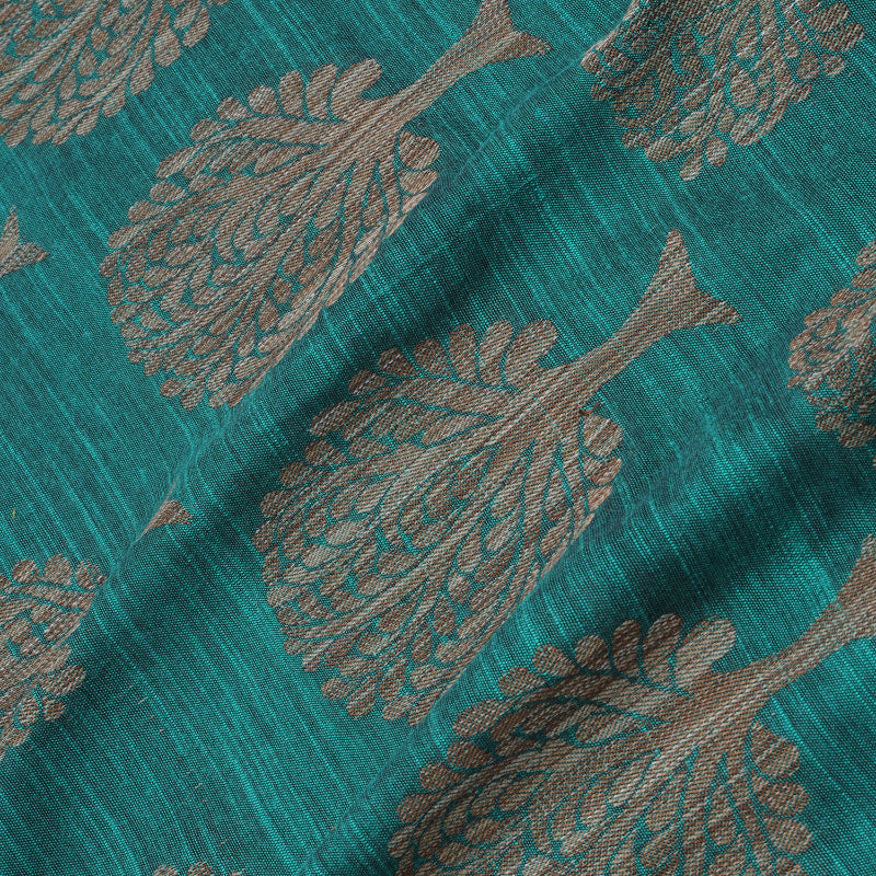 Teal Blue Color Cotton Fabric With Printed Tree Motifs