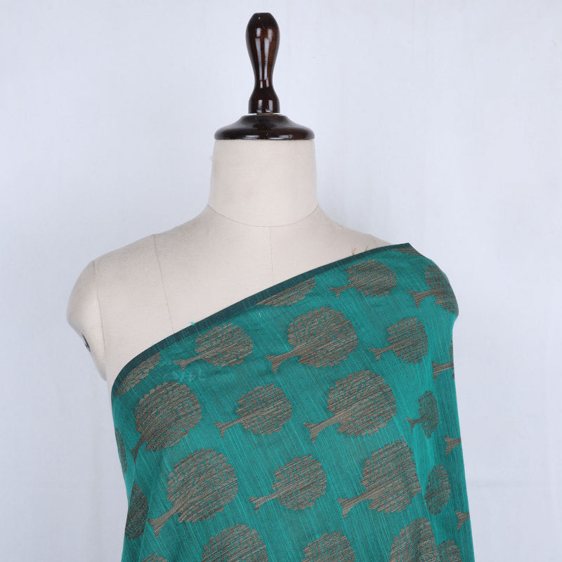 Teal Blue Color Cotton Fabric With Printed Tree Motifs