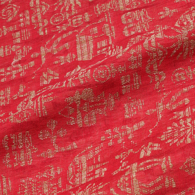 Cherry Red Color Cotton Fabric With Village Inspired Pattern