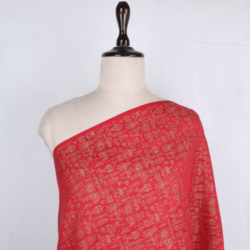 Cherry Red Color Cotton Fabric With Village Inspired Pattern