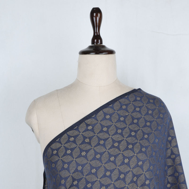 Navy Blue Color Cotton Fabric With Printed Floral Pattern