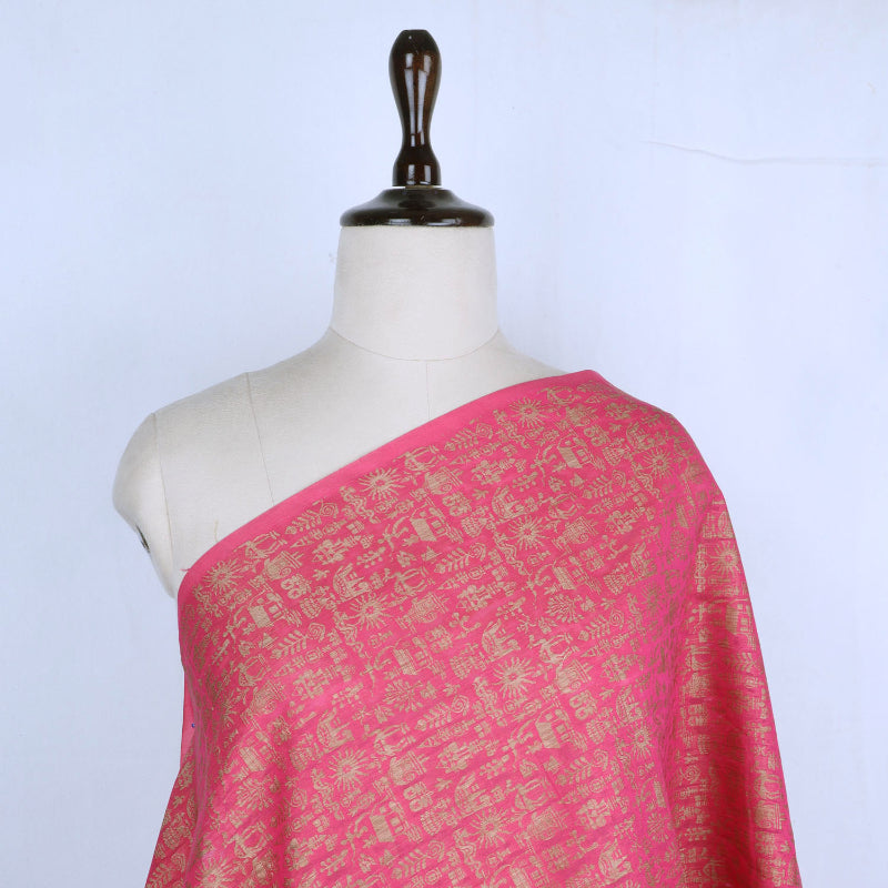 Cerise Pink Color Cotton Fabric With Village Inspired Pattern