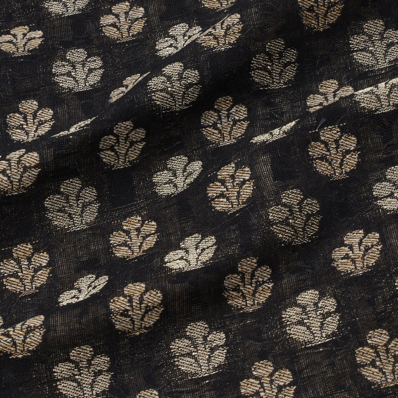 Grease Black Color Silk Fabric With Floral Buttas Pattern