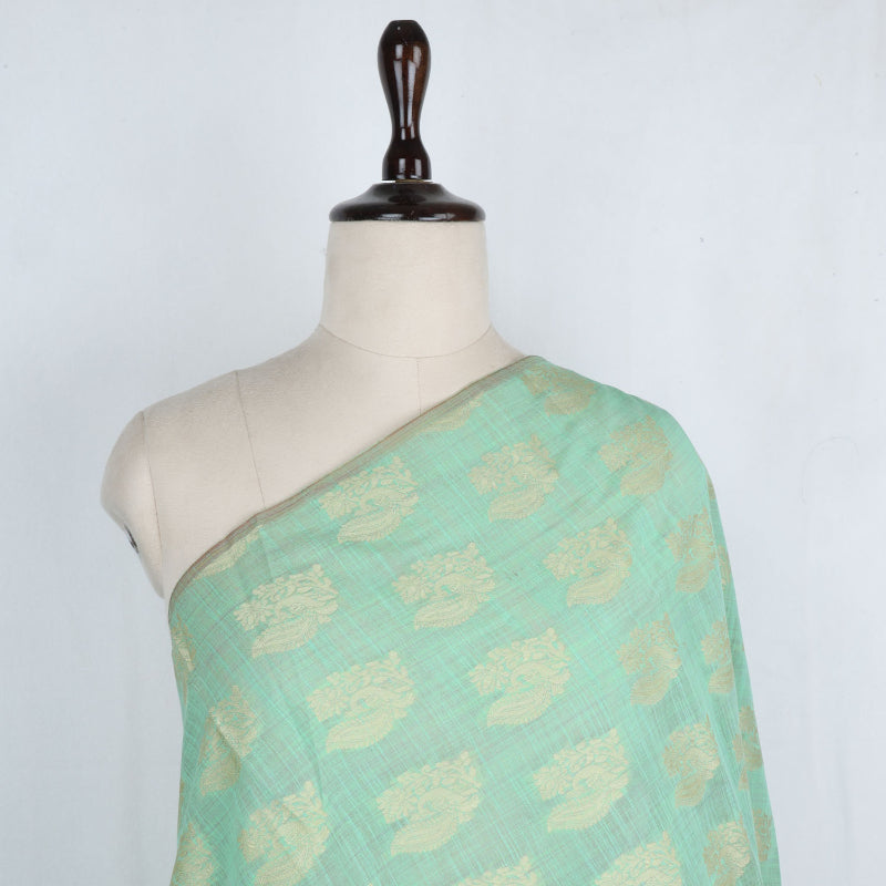 Mint Green Color Cotton Fabric With Printed Peacock And Floral Buttas