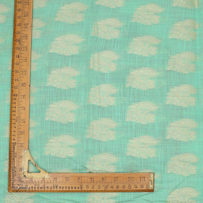 Mint Green Color Cotton Fabric With Printed Peacock And Floral Buttas