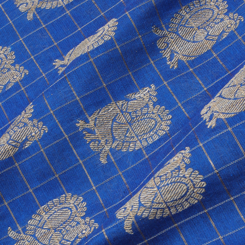 Cobalt Blue Color Cotton Fabric With Printed Checked Peacock Pattern