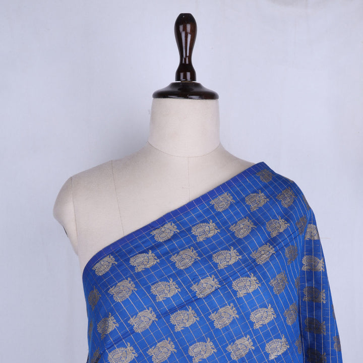 Cobalt Blue Color Cotton Fabric With Printed Checked Peacock Pattern