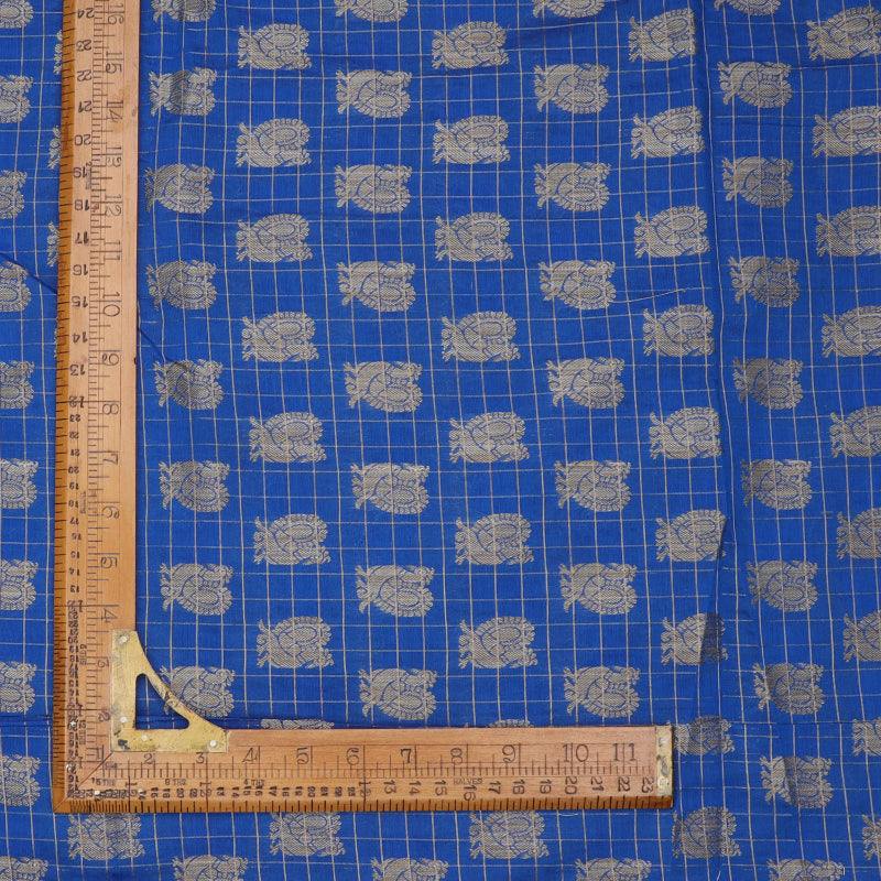 Cobalt Blue Color Cotton Fabric With Printed Checked Peacock Pattern