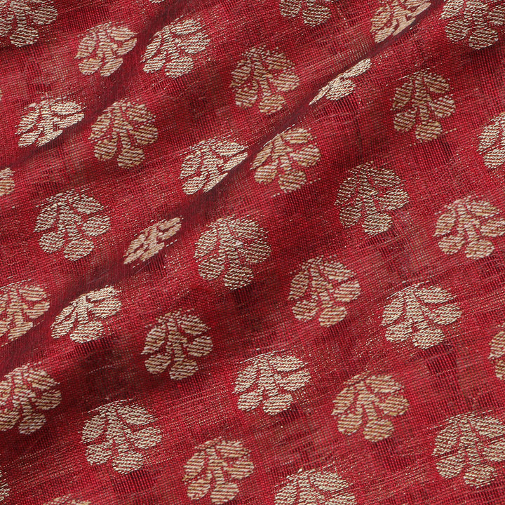 Berry Red Color Cotton Fabric With Printed Floral Buttas