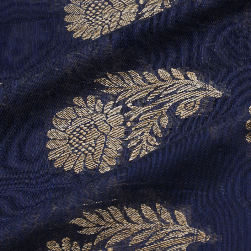 Denim Blue Color Cotton Fabric With Floral Buttas
