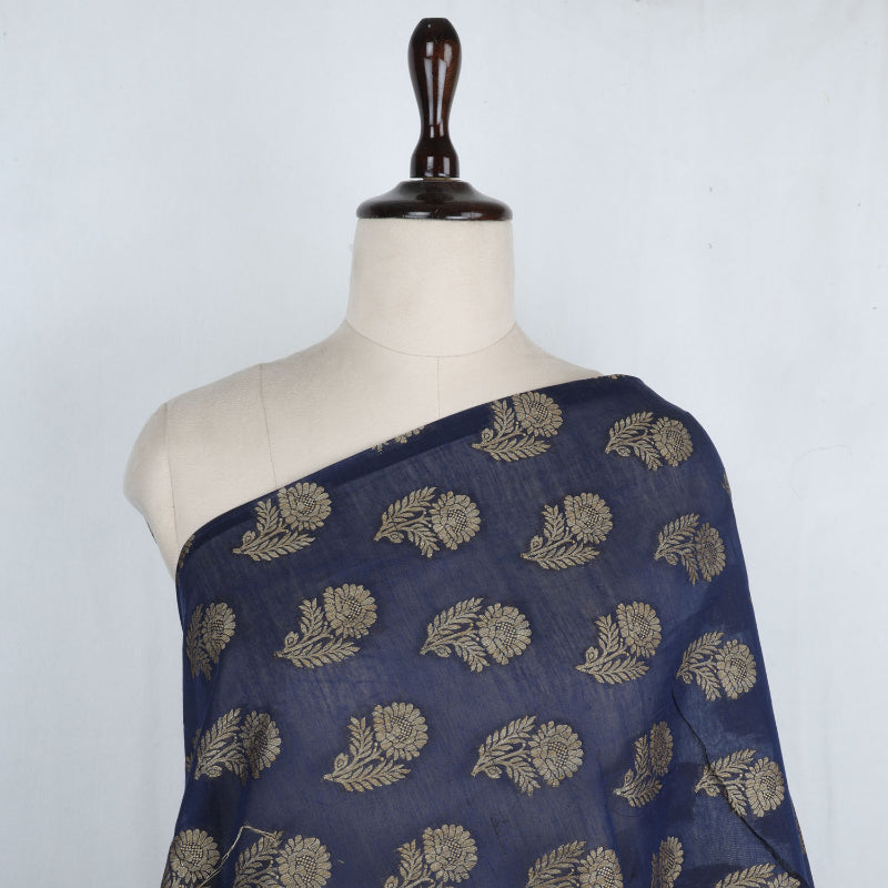 Denim Blue Color Cotton Fabric With Floral Buttas