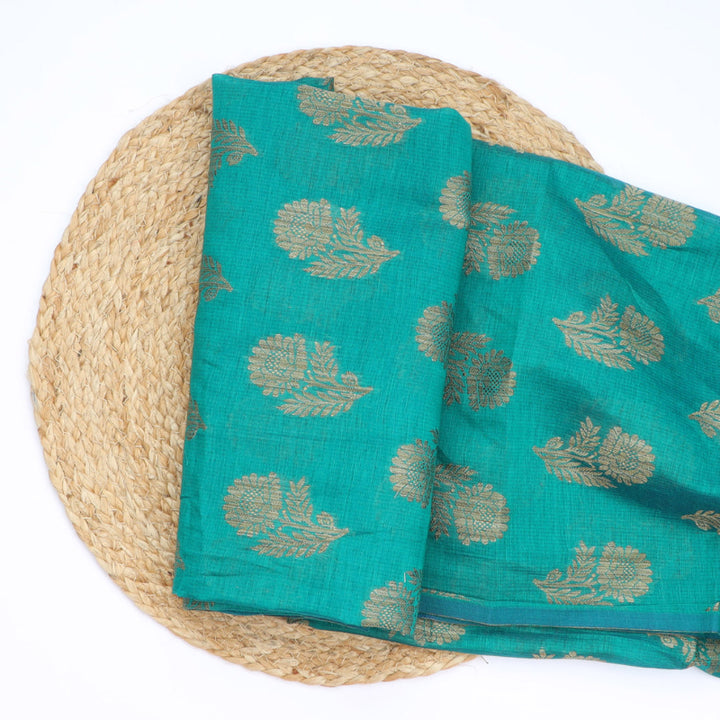 Teal Blue Colour Cotton Fabric With Floral Buttas