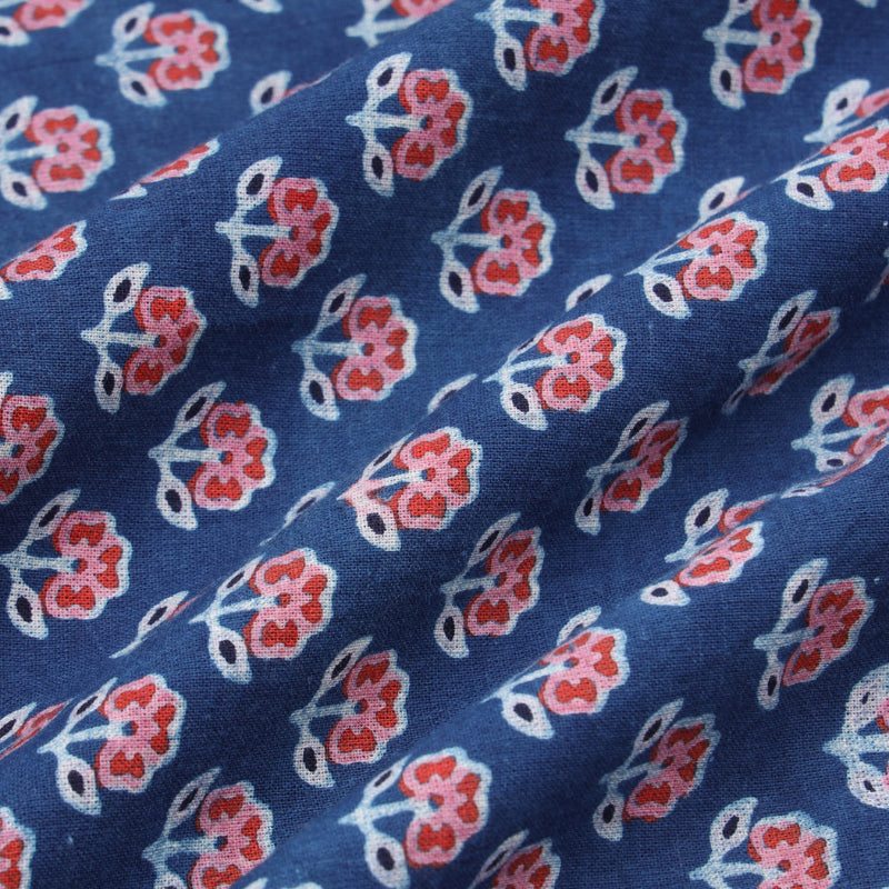 Indigo Blue Colour Cotton Fabric With Floral Buttas