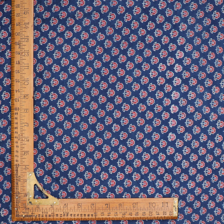 Indigo Blue Colour Cotton Fabric With Floral Buttas