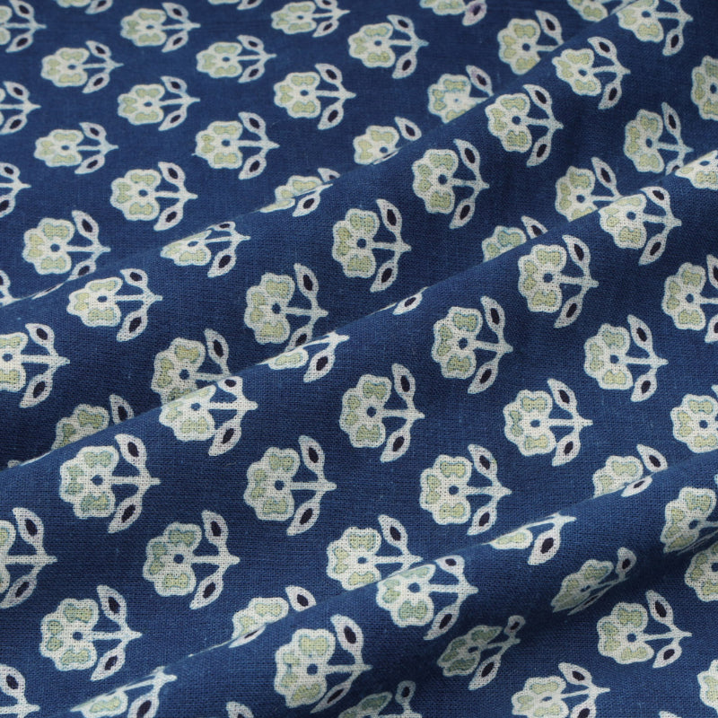 Indigo Blue Colour Cotton Fabric With Floral Buttas