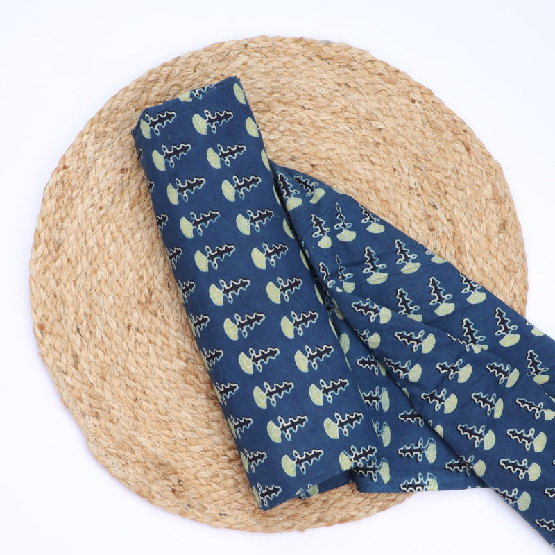 Denim Blue Colour Cotton Fabric With Floral Buttas