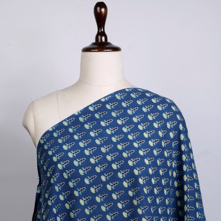 Denim Blue Colour Cotton Fabric With Floral Buttas