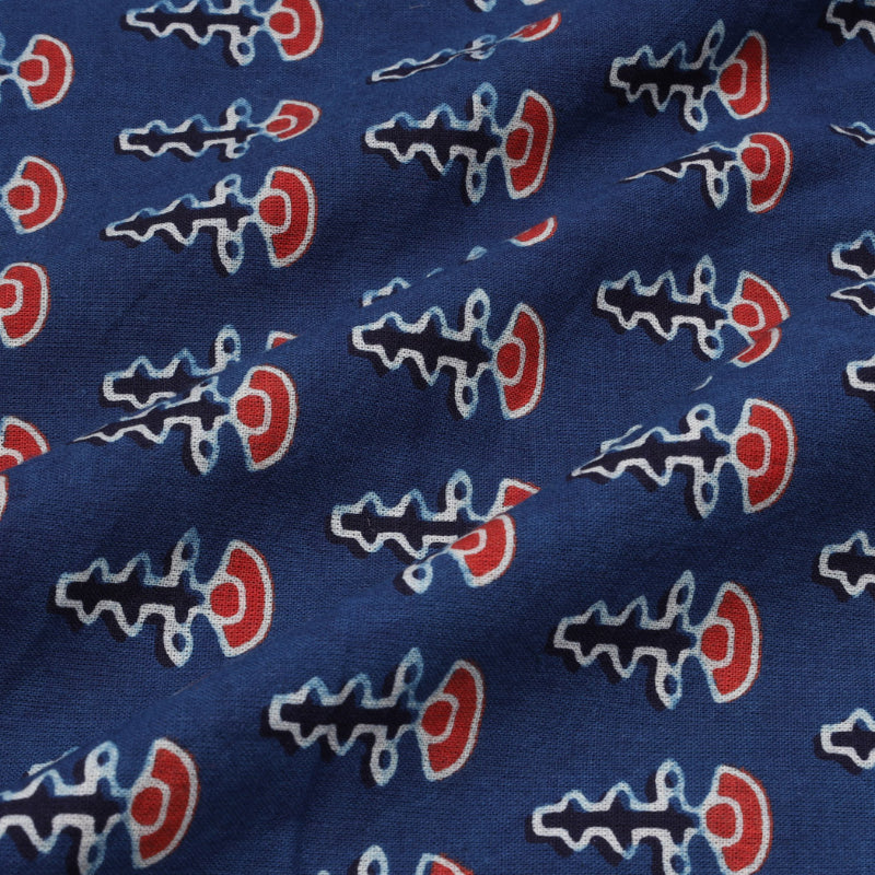 Indigo Blue Colour Cotton Fabric With Floral Buttas