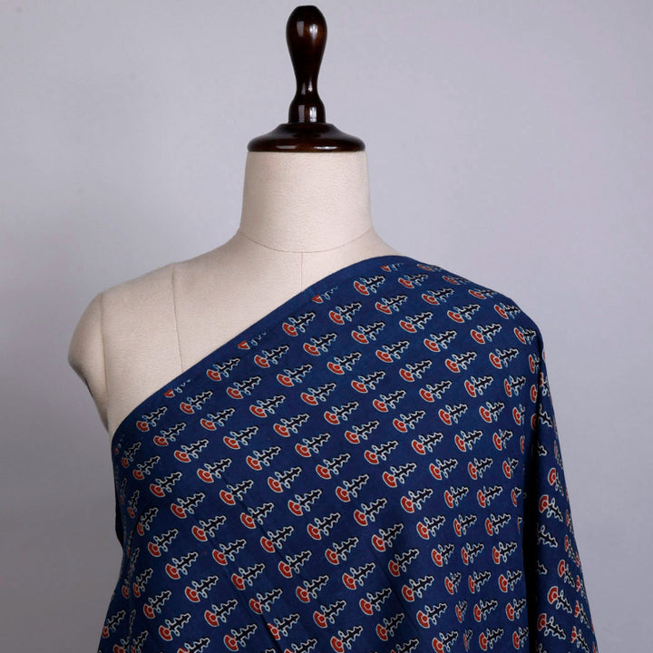 Indigo Blue Colour Cotton Fabric With Floral Buttas