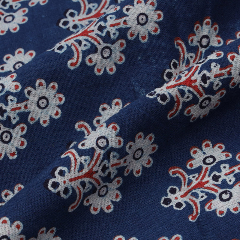 Dark Sapphire Blue Colour Cotton Fabric With Floral Buttas