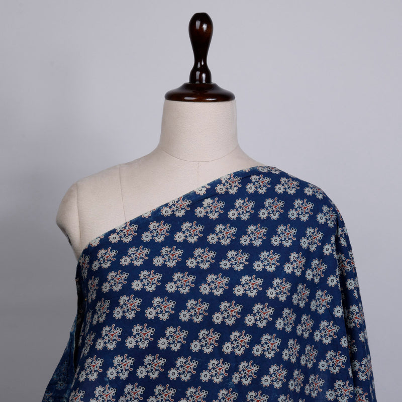 Dark Sapphire Blue Colour Cotton Fabric With Floral Buttas