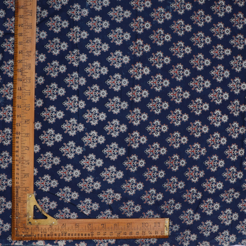 Dark Sapphire Blue Colour Cotton Fabric With Floral Buttas