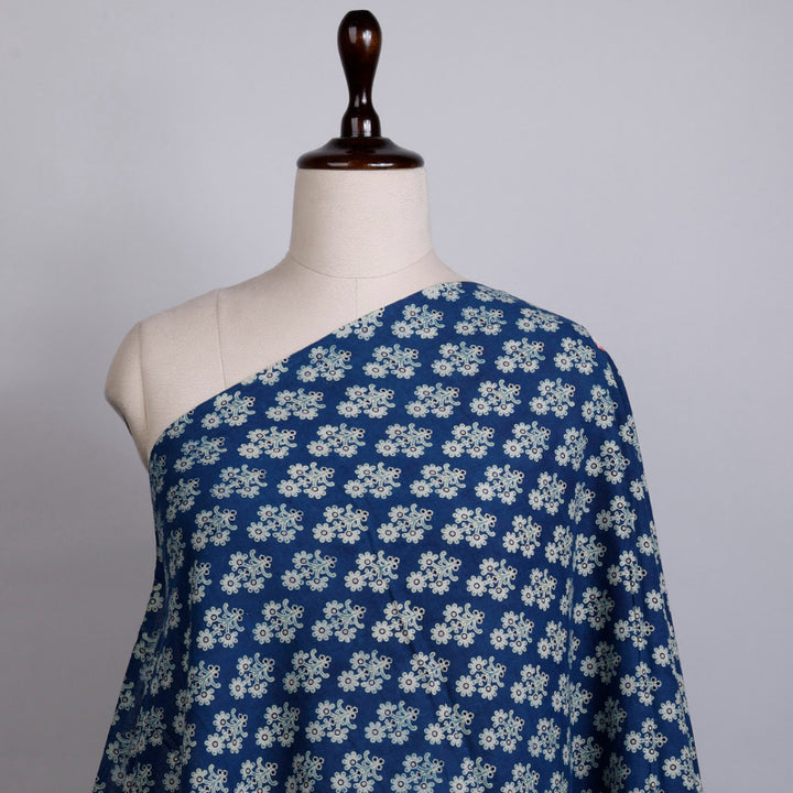 Yale Blue Colour Cotton Fabric With Floral Buttas