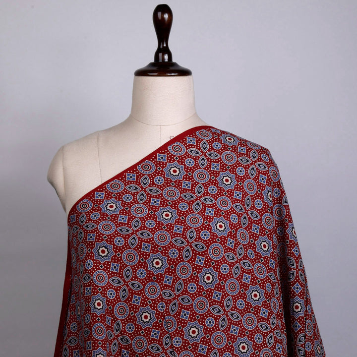 Wine Red Colour Cotton Fabric With Ajrakh Pattern