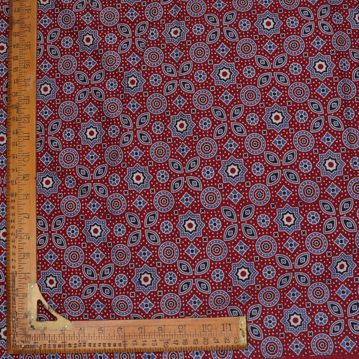 Wine Red Colour Cotton Fabric With Ajrakh Pattern
