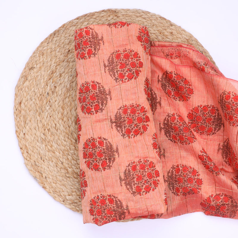 Salmon Orange Colour Cotton Fabric With Floral Buttas