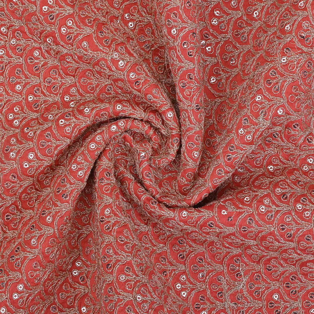 Prismatic Red Chanderi Embroidery Fabric