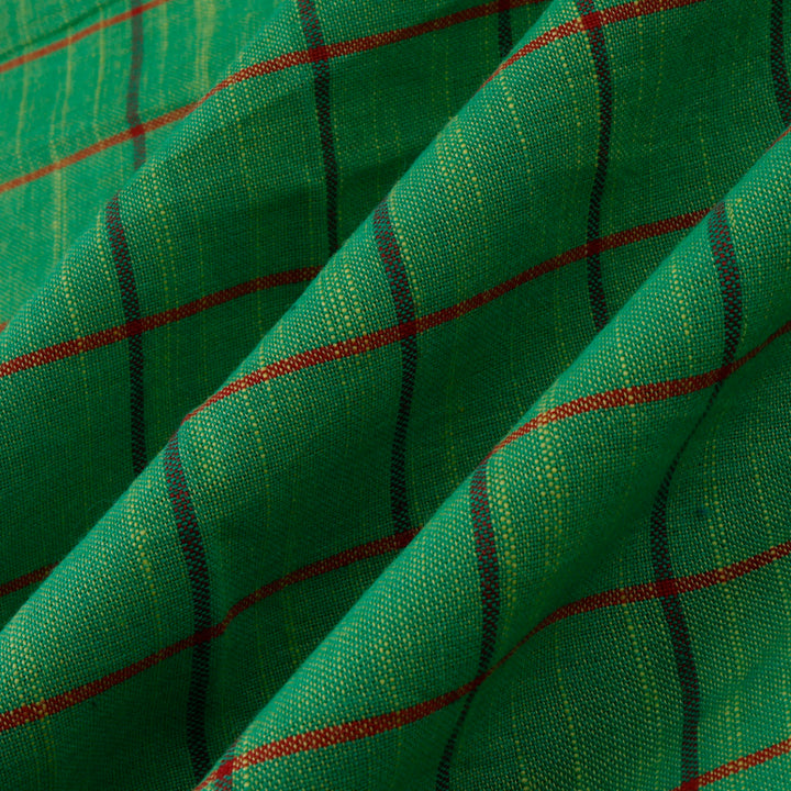 Emerald Green Color Cotton Fabric With Checks