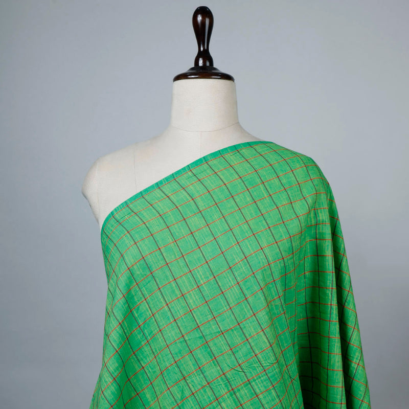 Emerald Green Color Cotton Fabric With Checks