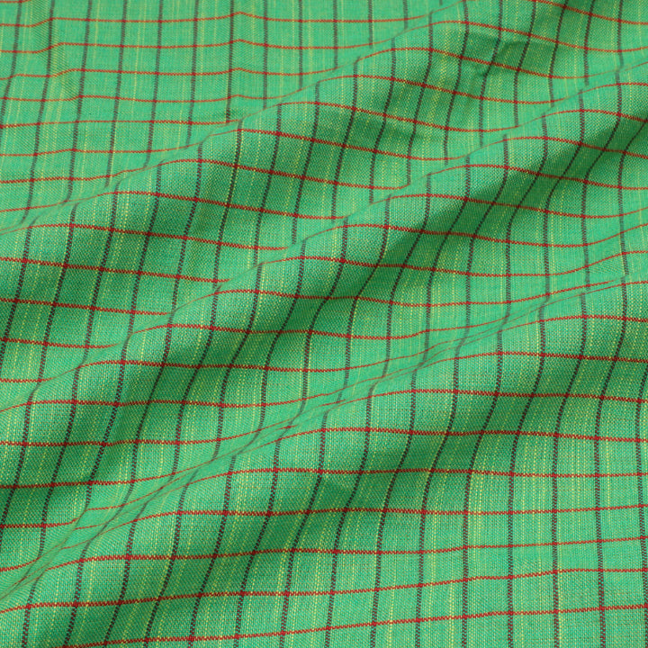 Fern Green Colour Cotton Fabric With Checked Pattern