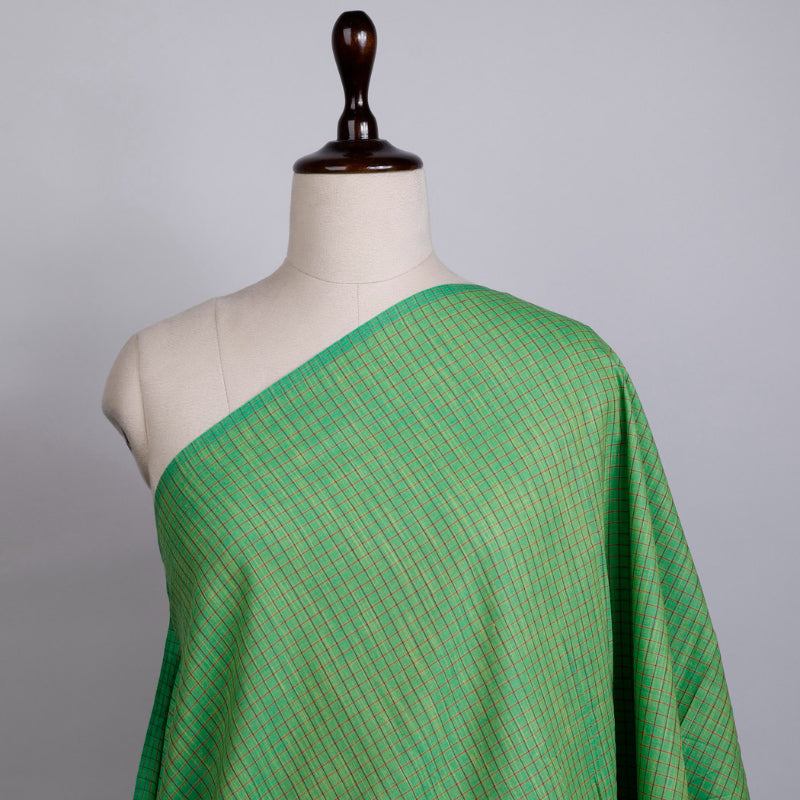 Fern Green Colour Cotton Fabric With Checked Pattern