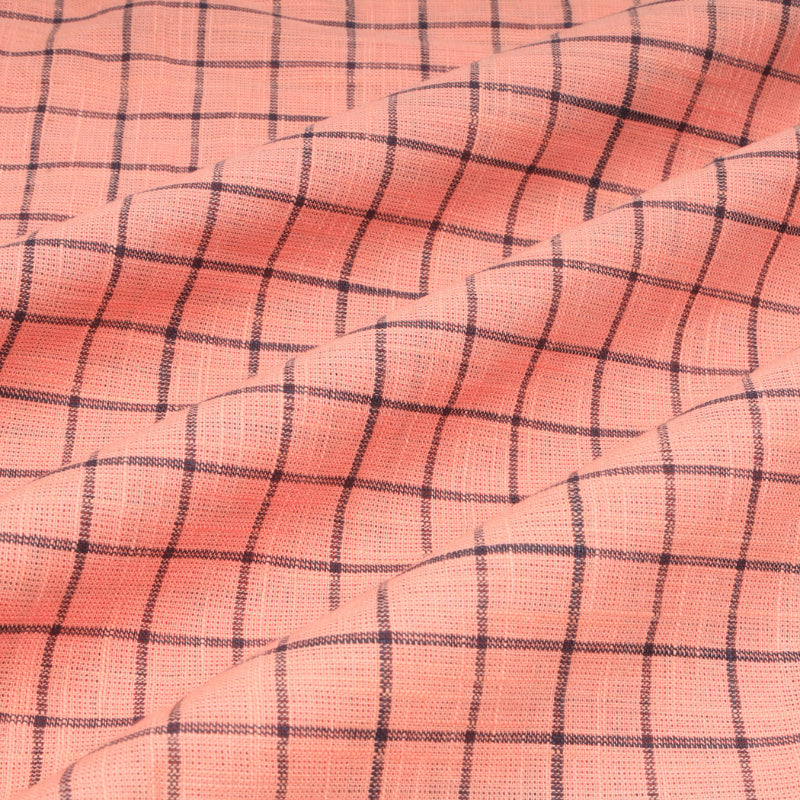 Peach Colour Cotton Fabric With Checked Pattern