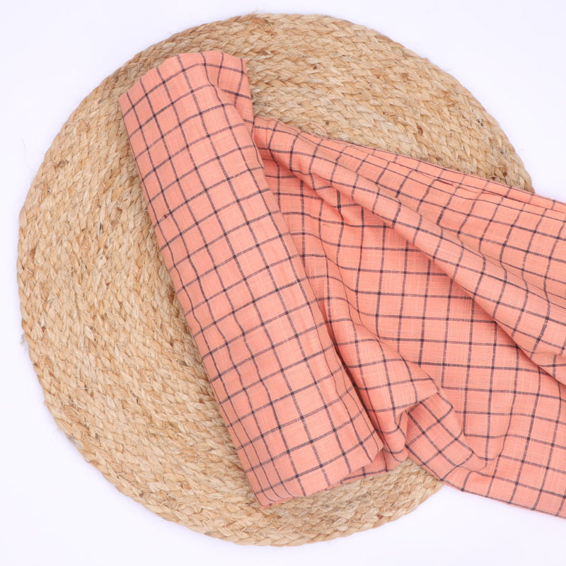 Peach Colour Cotton Fabric With Checked Pattern