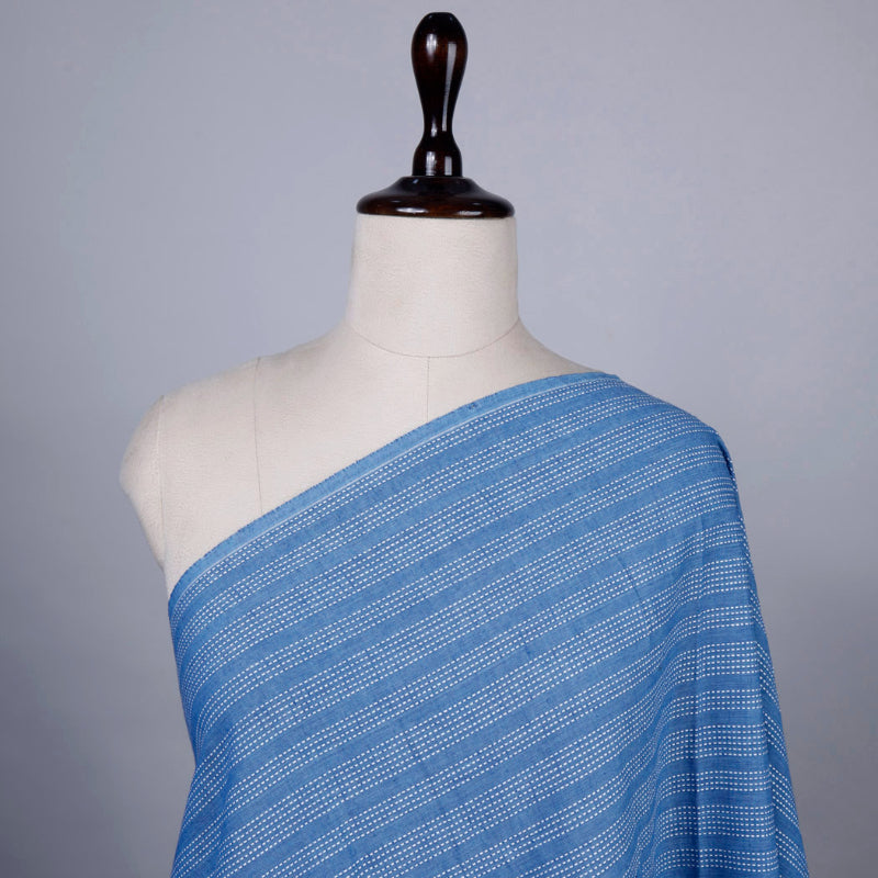 Cerulean Blue Color Printed Cotton Fabric With Stripes