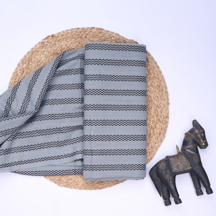 Ash Color Cotton Fabric With Stripes