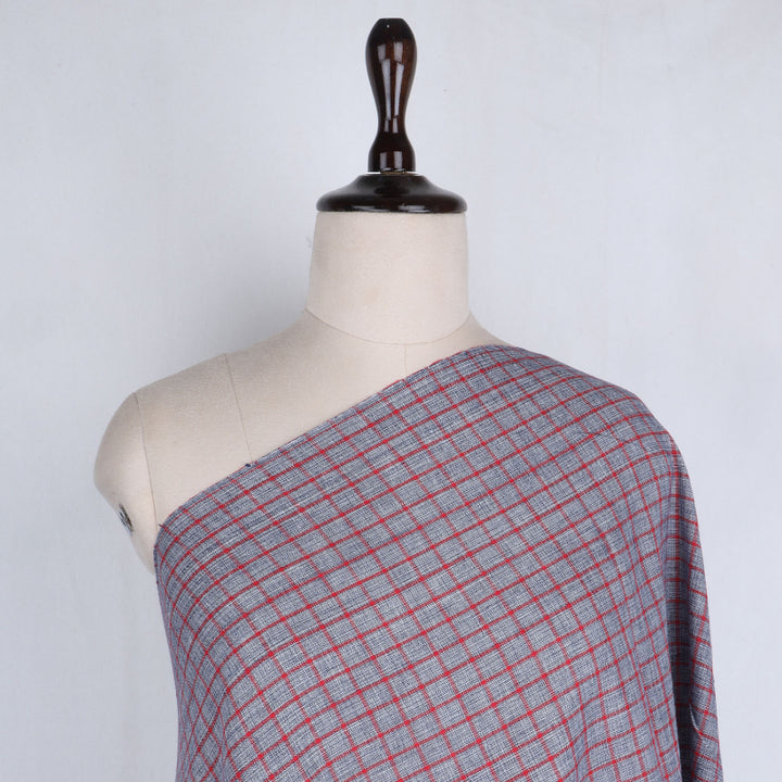 Grey Color Cotton Fabric With Geometric Checked Pattern